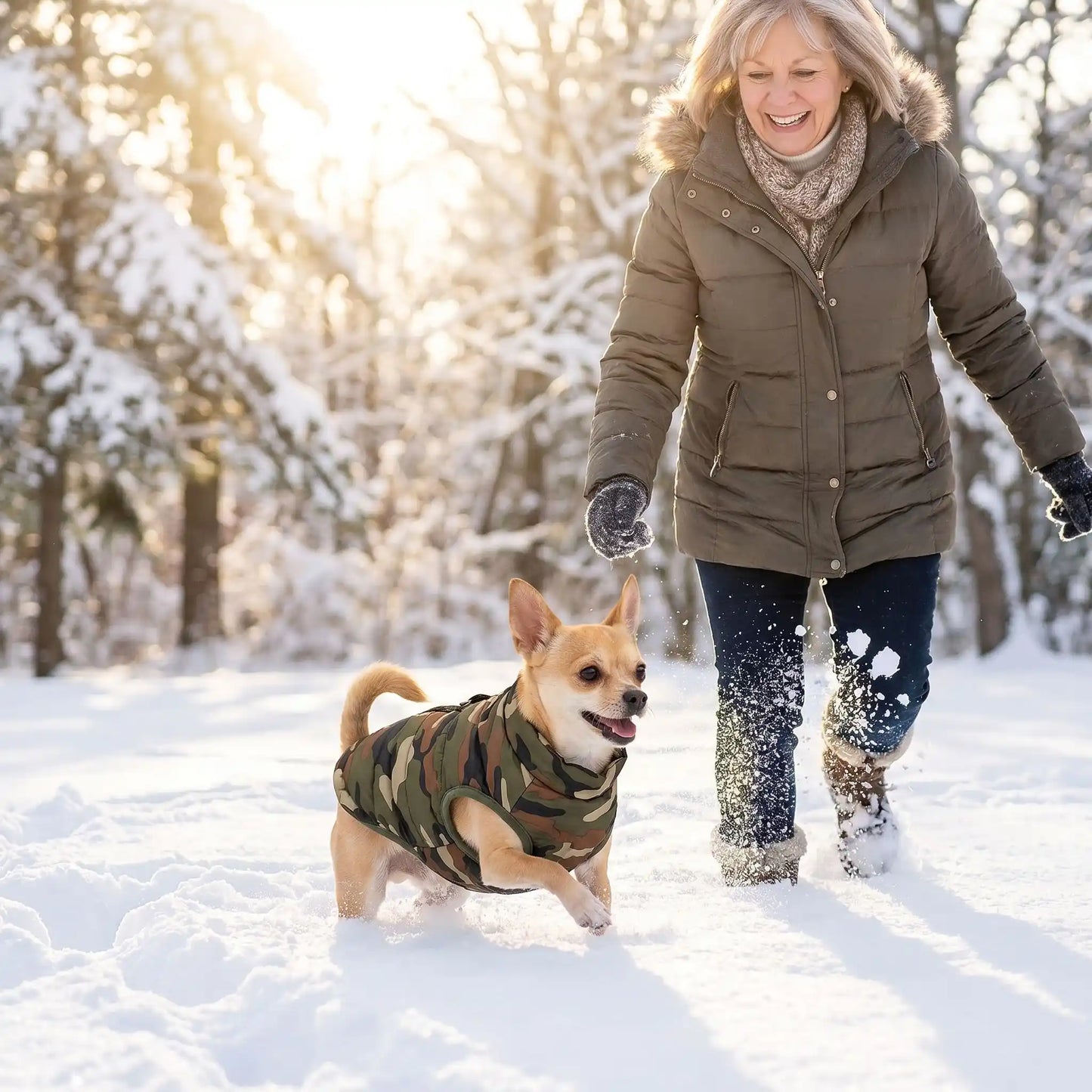 Notre toutou avec son manteau chien gambade sur neige avec sa maitresse