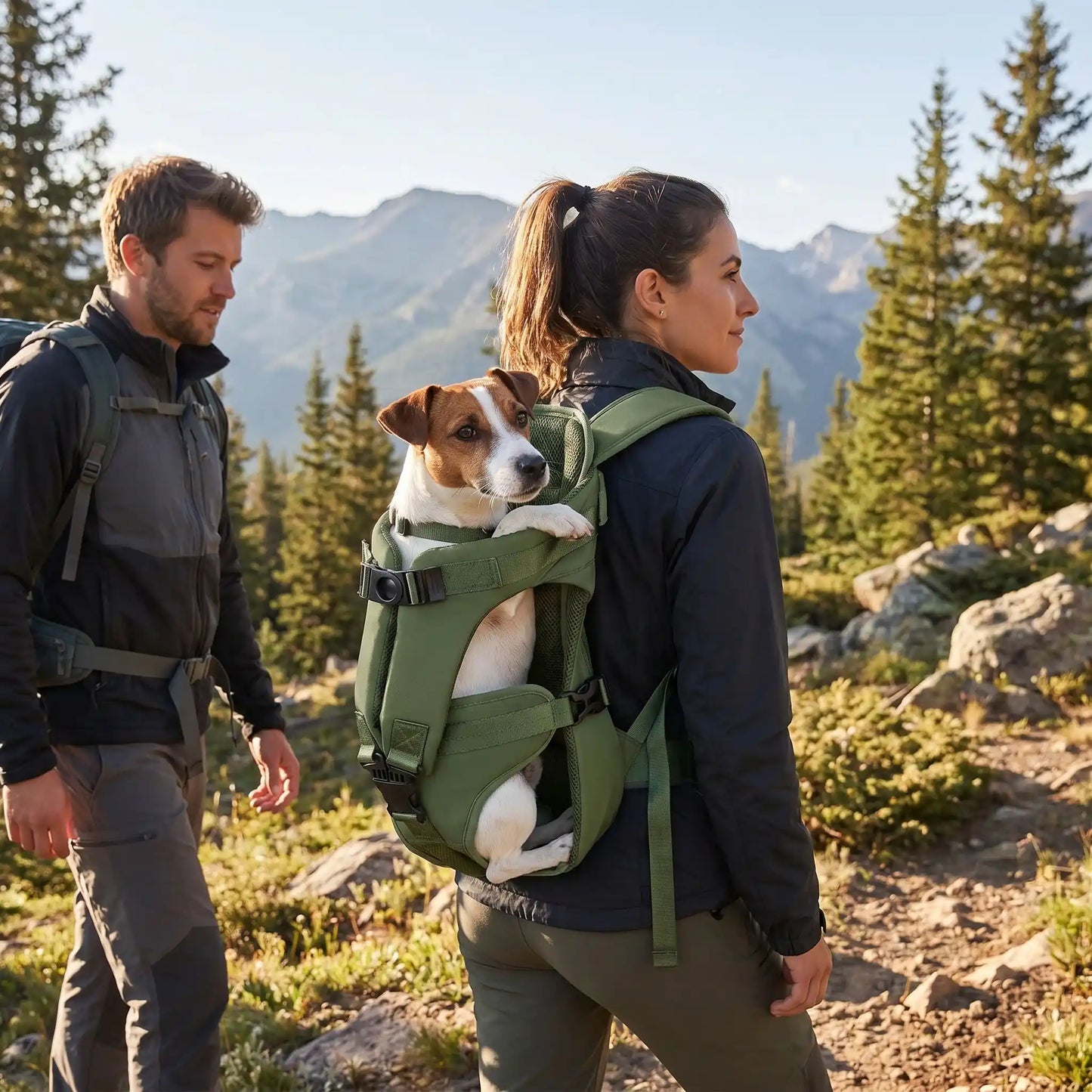 couple randonnée avec jack russell dans sac a dos pour chien