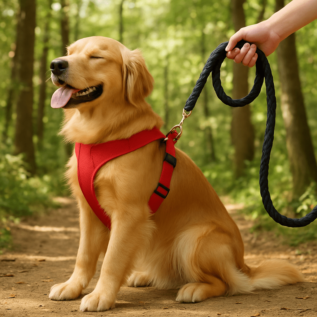 laisse chien rouge autour du cou de notre compagnon en randonnée