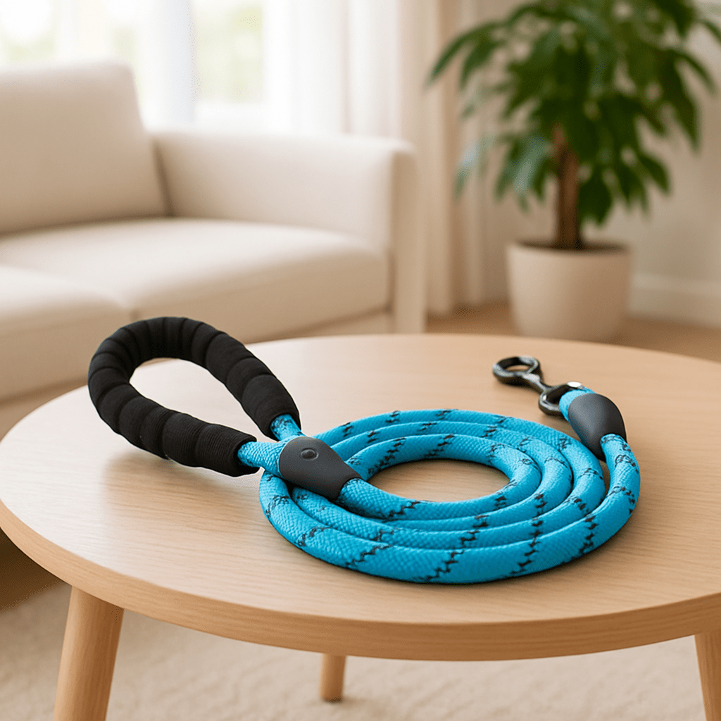 Laisse pour chien bleu noir sur table du salon