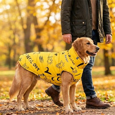 Manteau chien jaune sur notre toutou en balade