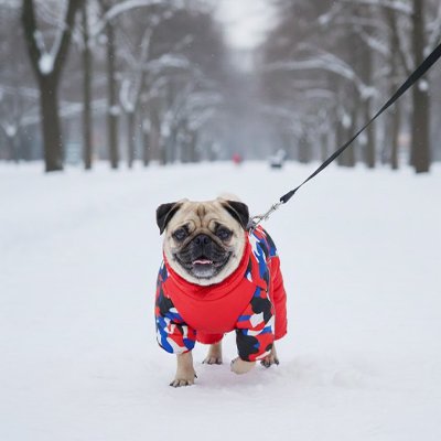 Manteau pour chien sur notre toutou en promenade sur neige