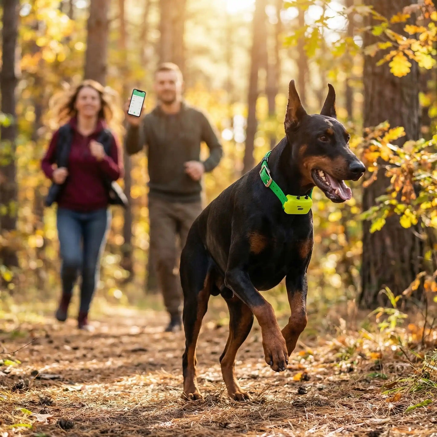 nos amis cour dans bois avec son collier gps chien