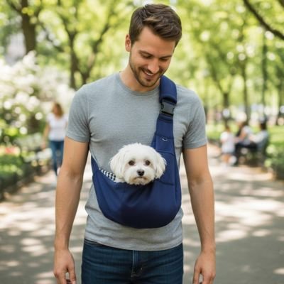 Sac de transport pour petit chien bleu avec notre toutou en balade