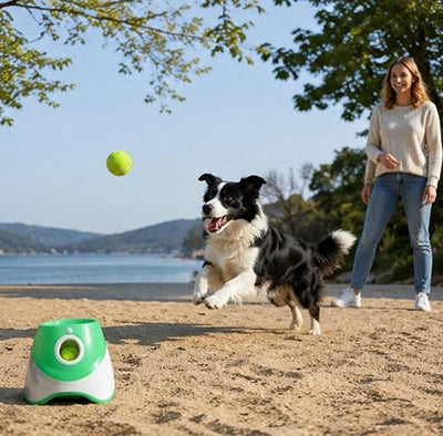 Lanceur de balle pour chien avec toutou sa maitresse