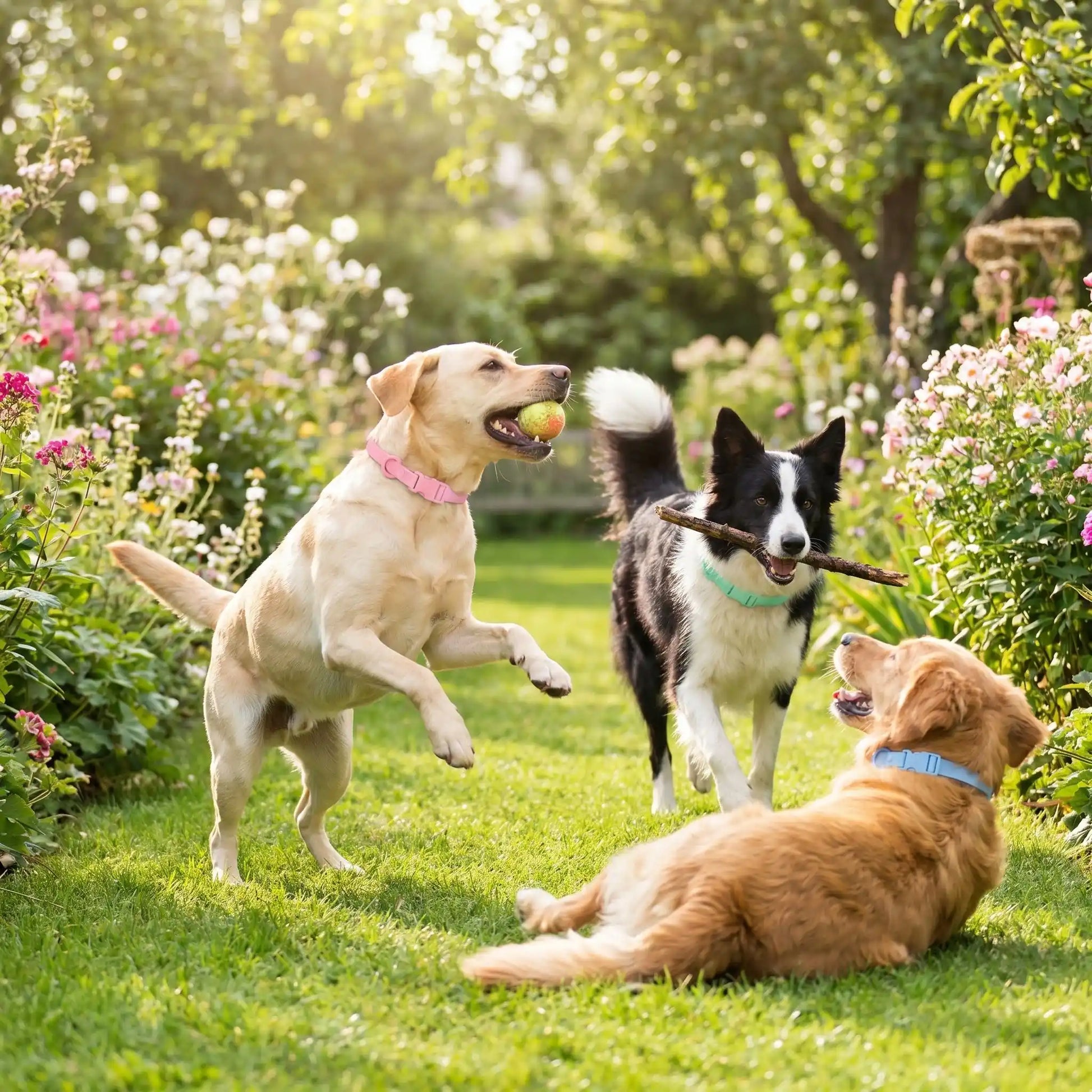 Collier chien sur nos trois toutous qui jouent