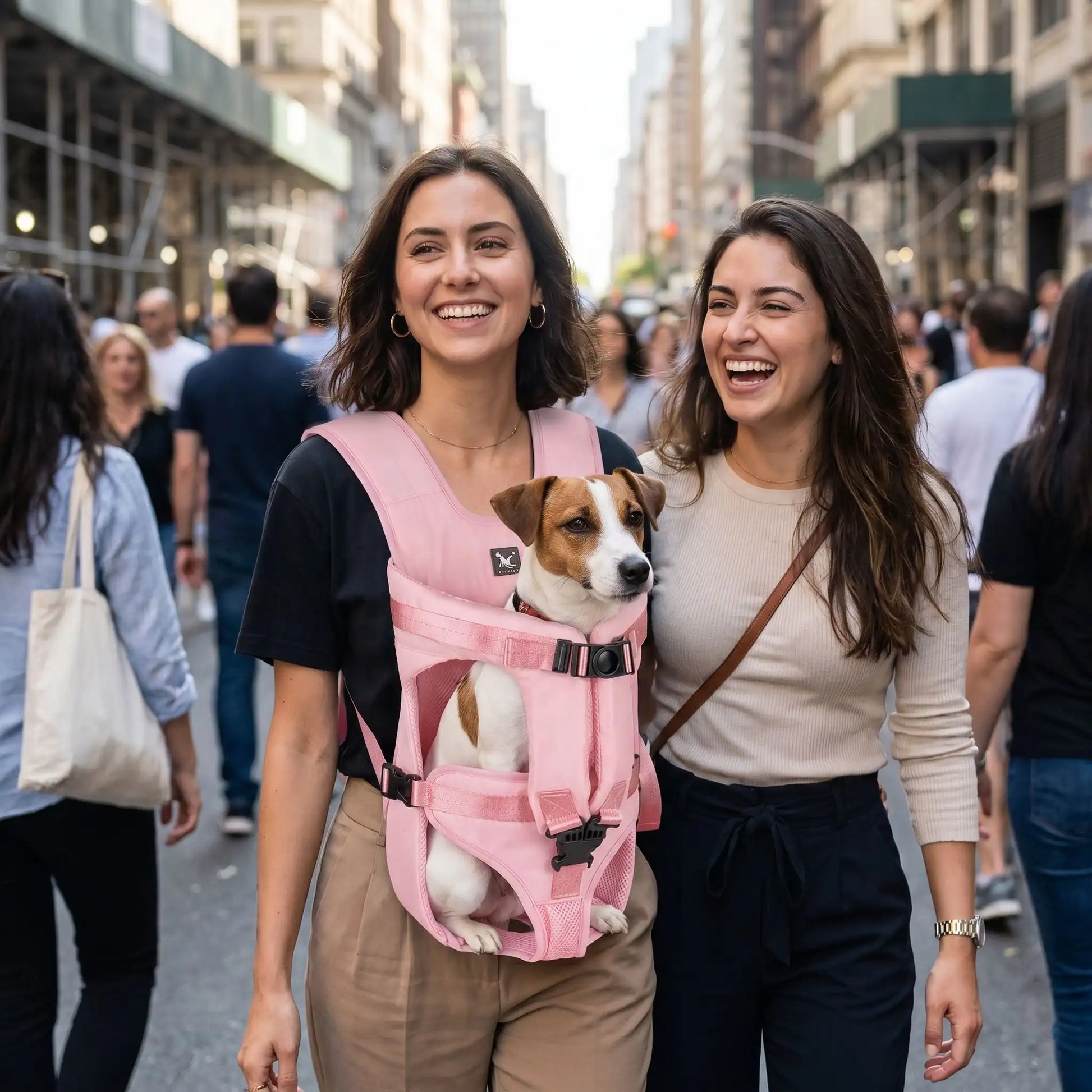 Deux femmes en ville avec toutou dans son sac a dos pour chien