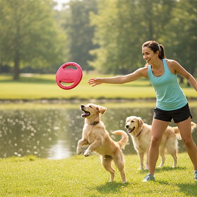 Deux toutous au parc joue avec femme jouet pour chien