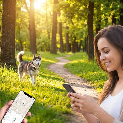Femme son husky avec collier gps chien localisation dans parc