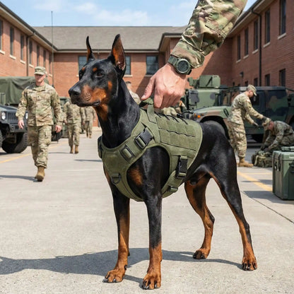 Harnais anti traction pour chien vert armee avec nos compagnons dans caserne