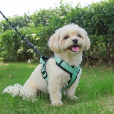 Harnais pour petit Chien vert sur notre ami en promenade