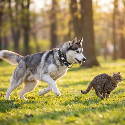 Husky avec son collier gps chien court après chat
