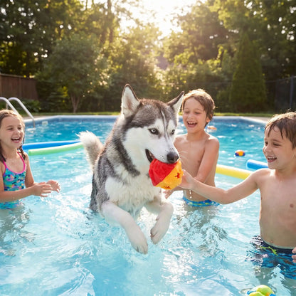 Husky joue avec enfants et son jouet pour chien dans piscine