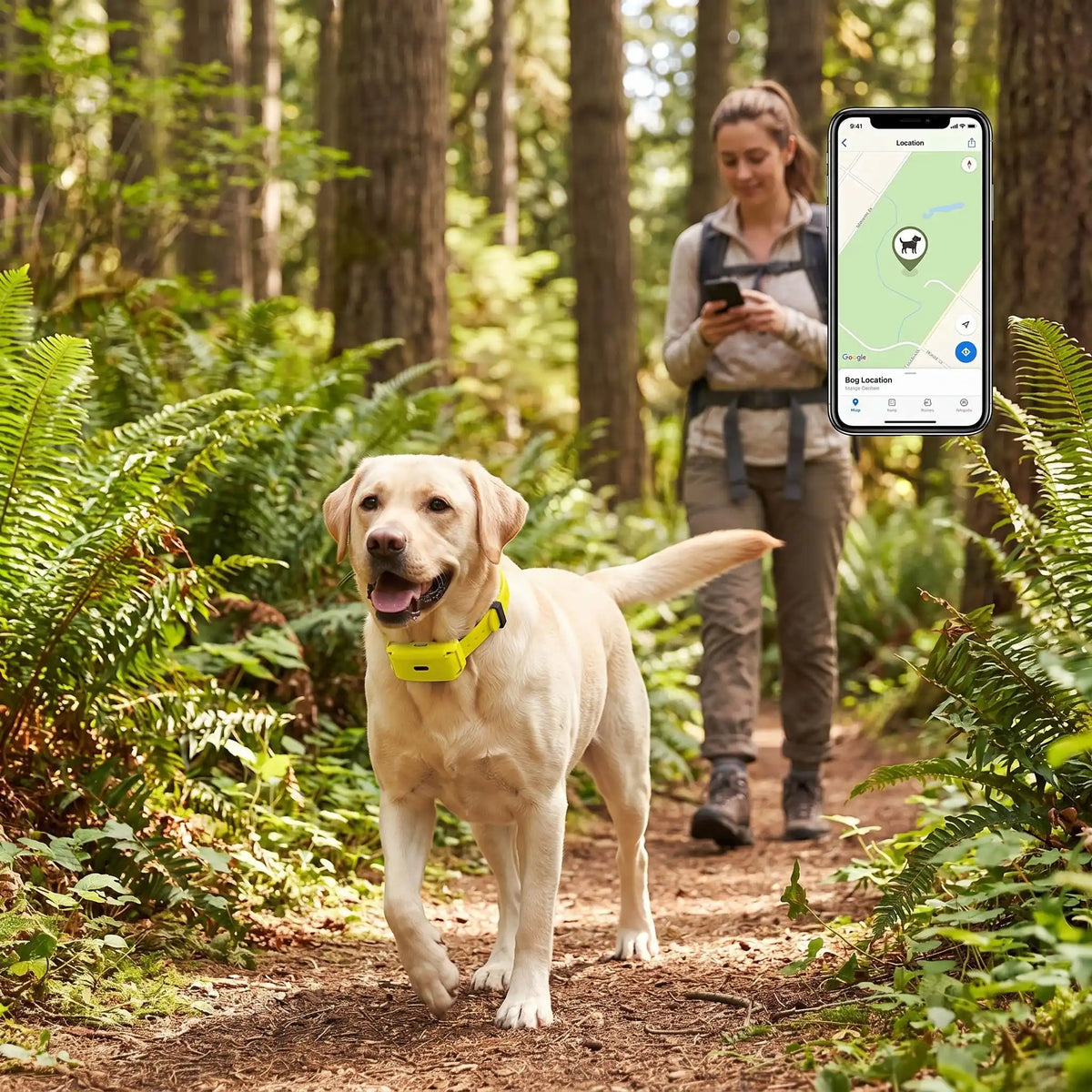 Labrador collier GPS chien chasse foret avec femme telephone