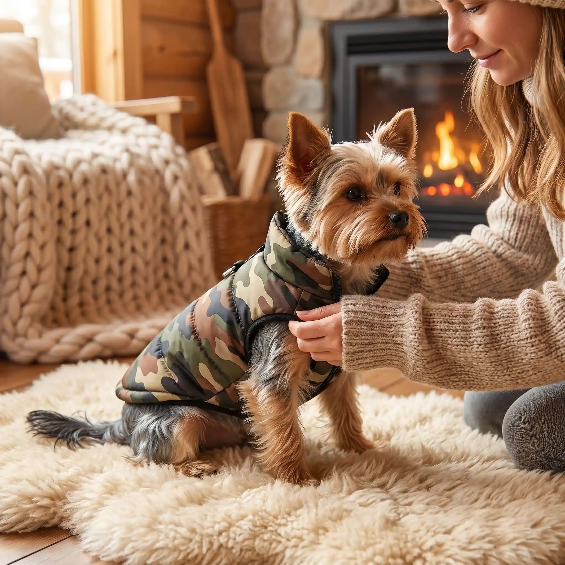 Manteau chien sur notre toutou posé par sa maitresse