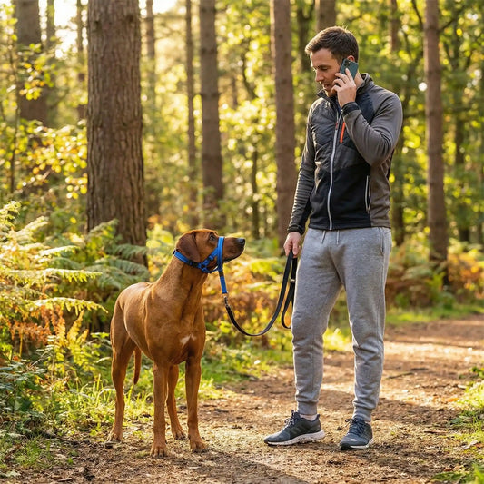 Muselière chien sur notre ami avec son maitre en balade