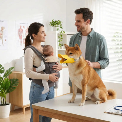 Muselière chien sur notre toutou chez vétérinaire avec ses maitres