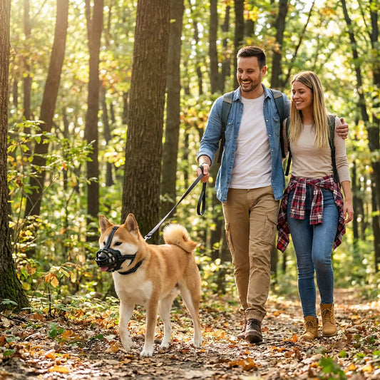 Muselière sur notre ami avec ses maitres dans bois