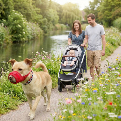 Muselière sur notre ami en promenade avec famille