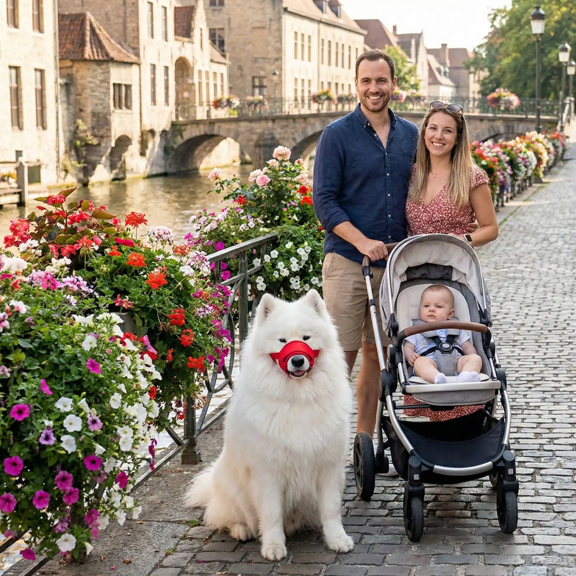 Muselière sur notre toutou accompagner de sa famille en promenade