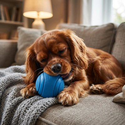 Notre compagnon mache sa balle pour chien bleu