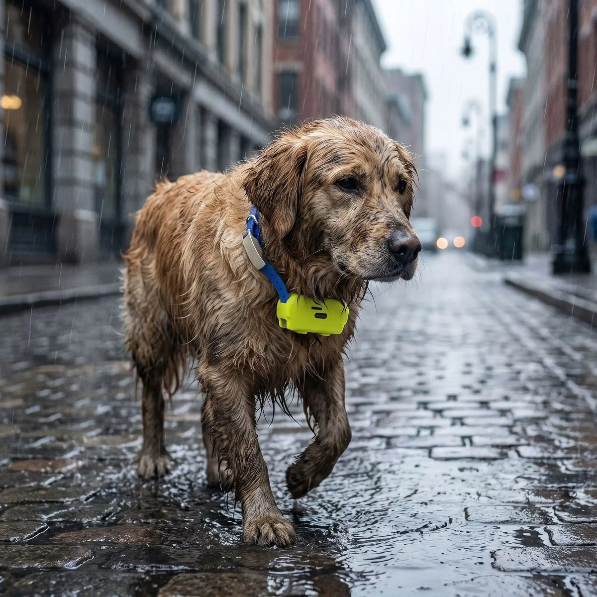 Toutou avec collier GPS chien chasse sous pluie boueux