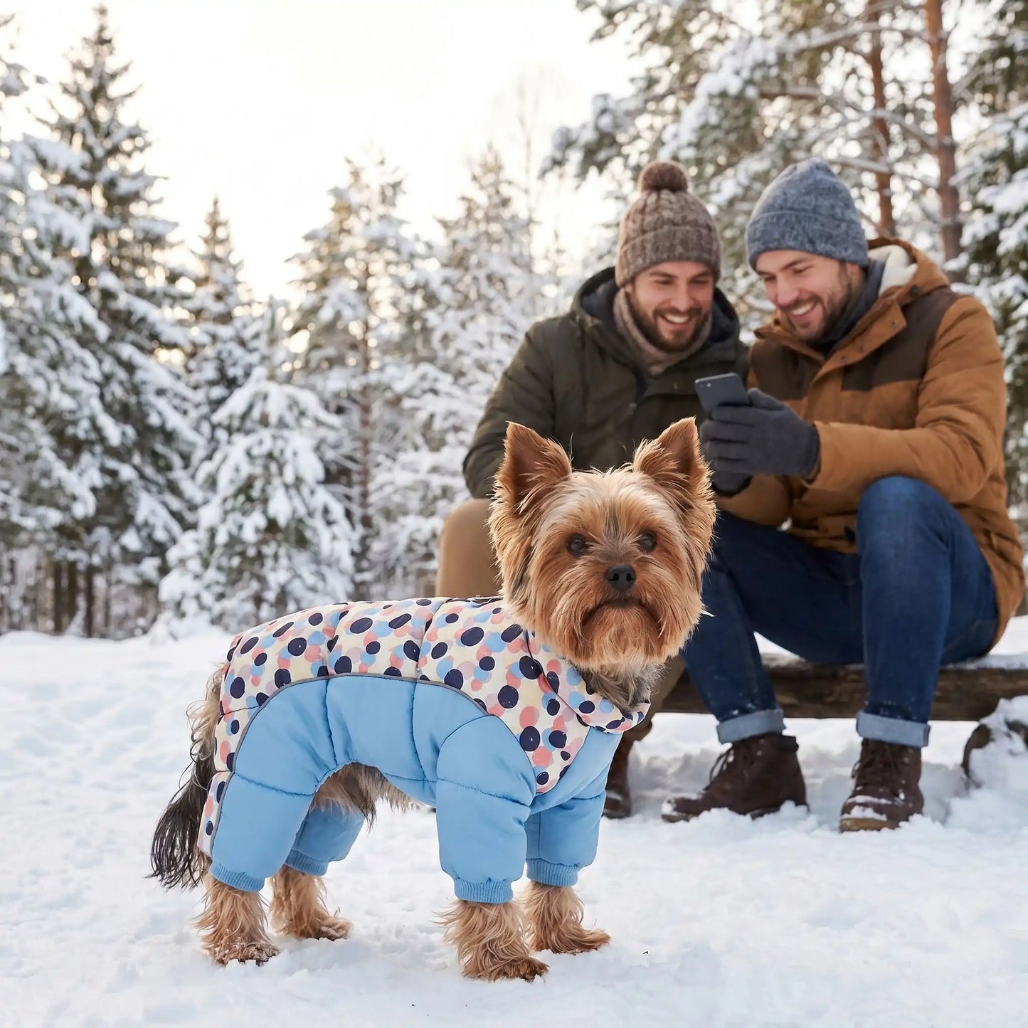 Toutou avec son manteau chien et deux hommes regarde téléphone
