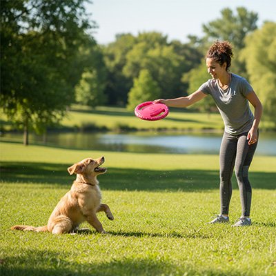 Toutou joue au jouet pour chien avec sa maitresse