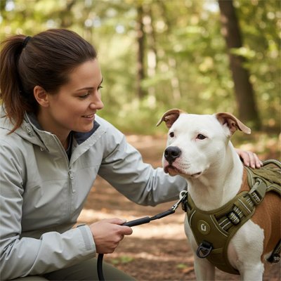 Chien harnais avec notre ami et sa maitresse