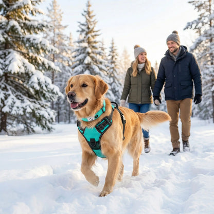 collier chien bleu vert avec notre toutou et ses maitres