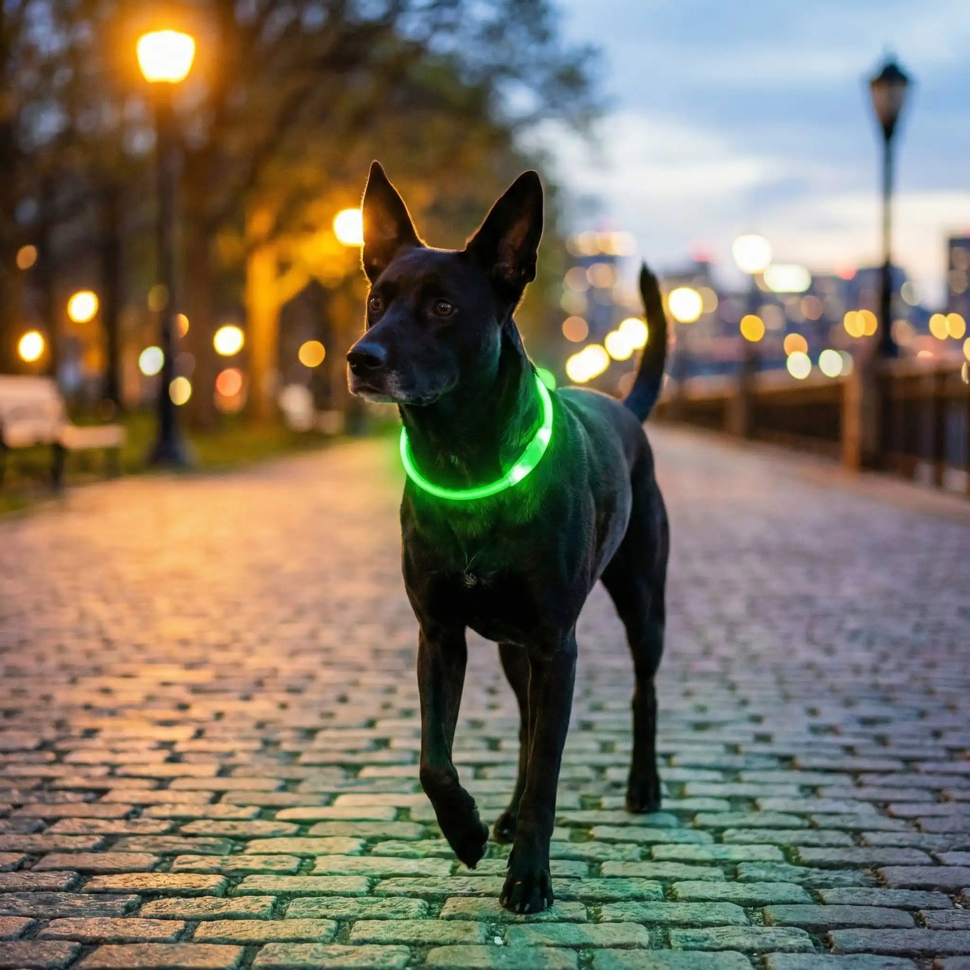 collier lumineux chien reflechissante avec notre ami en balade