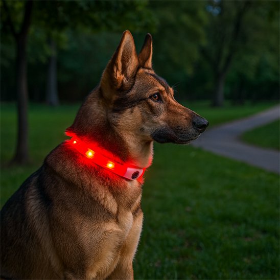 Collier lumineux chien rouge avec notre berger allemand