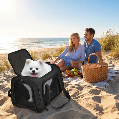 couple et leur ami dans sac de transport chien au pic nique