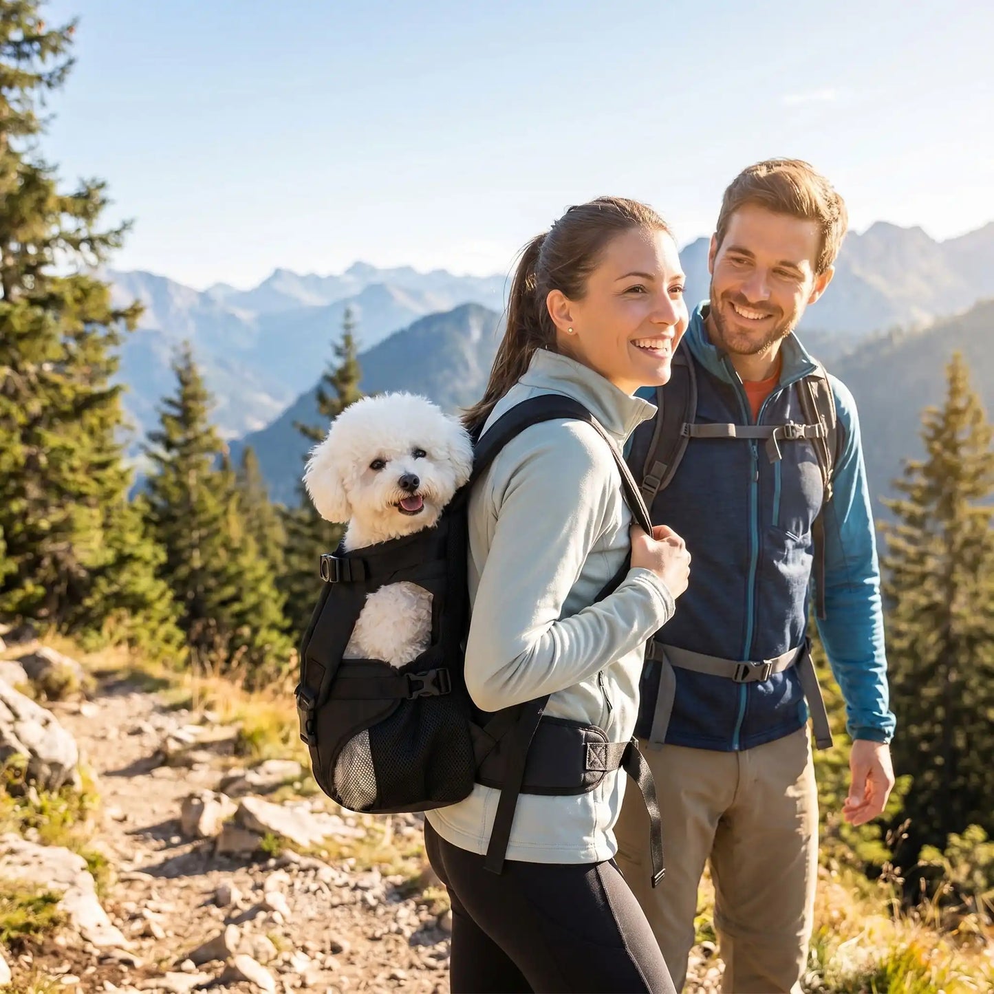 couple randonnée avec bichon dans sac a dos pour chien