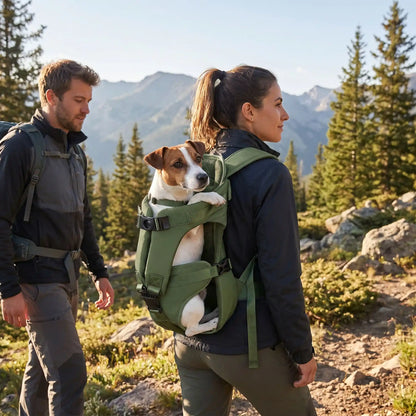 couple randonnée avec jack russell dans sac a dos pour chien