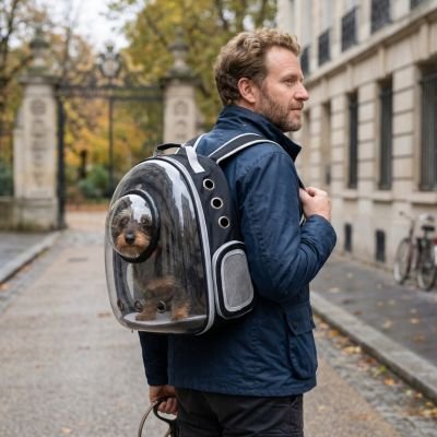 deux compagnons se promène avec sac a dos chien