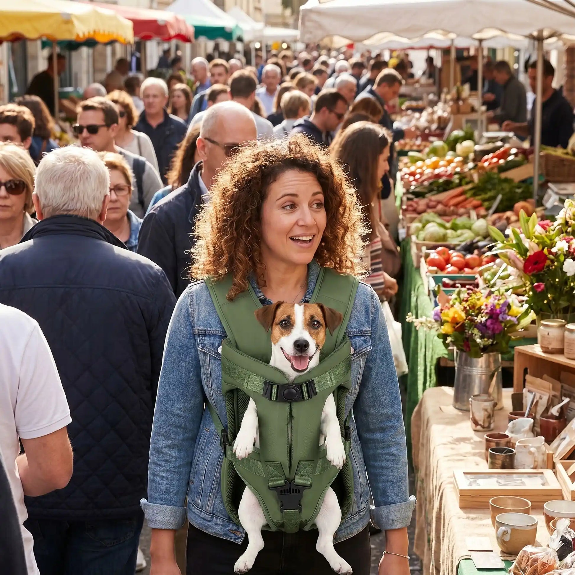 femme marche avec toutou dans sac a dos pour chien