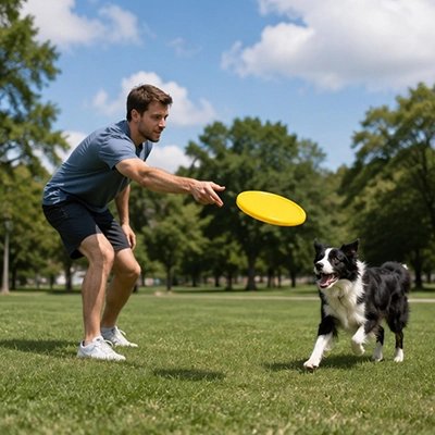 Frisbee chien avec toutou au parc avec son maitre