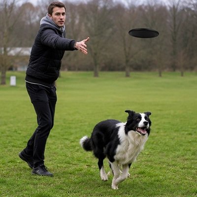 Frisbee chien noir avec nos amis joue
