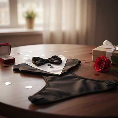 Harnais chien noir blanc expose sur table