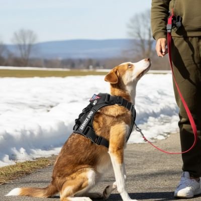 Harnais chien sur notre compagnon en balade avec son maitre