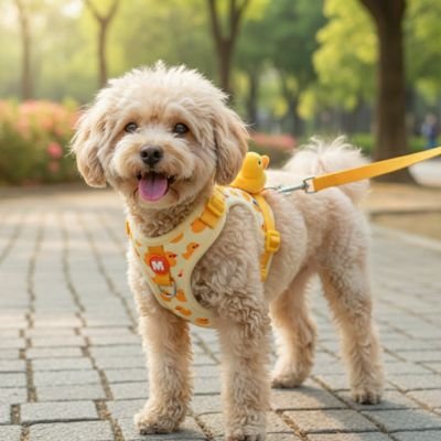 Harnais chiot jaune autour toutou en balade