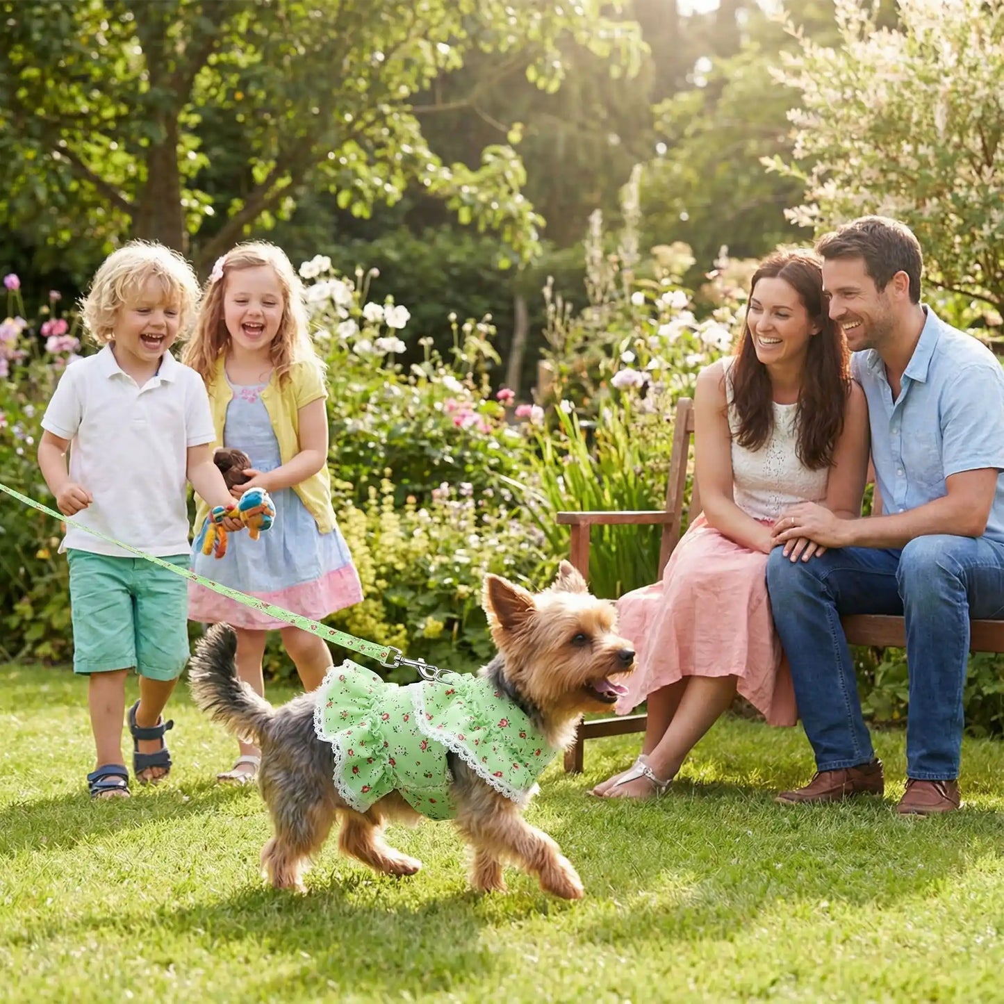 harnais petit chien vert avec toutes familles assis dans jardin