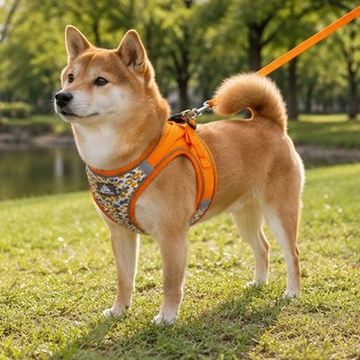 Harnais pour chien orange sur notre compagnon