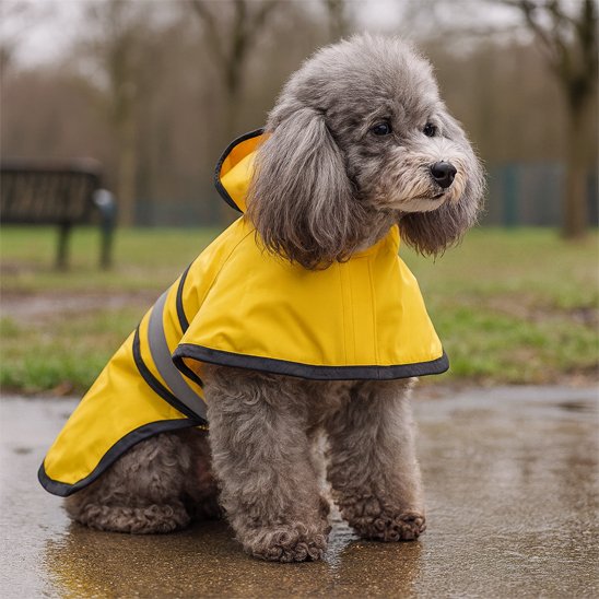 Imperméable pour chien sur notre toutou assis