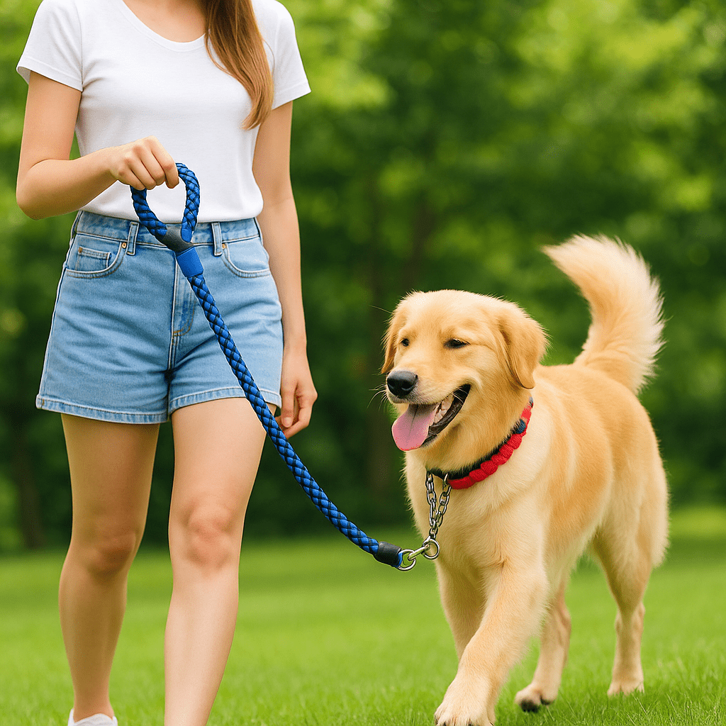 jeune femme se promène avec son compagnon avec laisse chien bleu