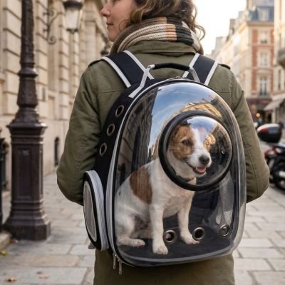 Jeune homme avait son toutou sur sac a dos chien