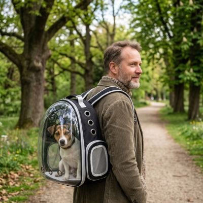 Jeune homme se promène avec son toutou sur sac a dos chien