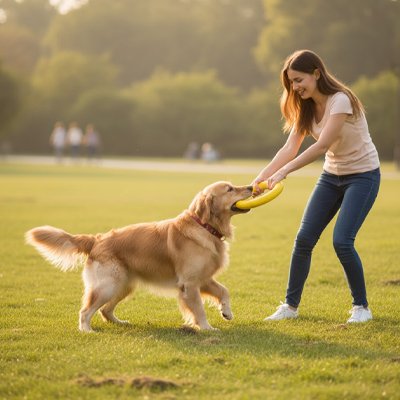 Jouet chien avec toutou et sa maitresse joue au parc