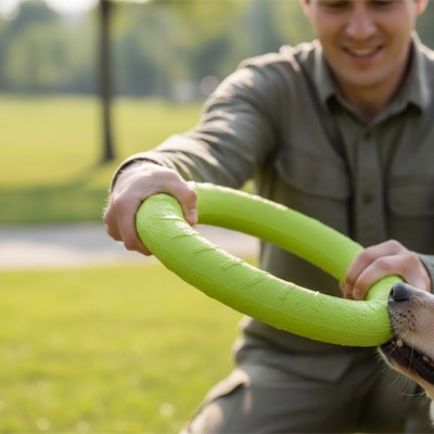 Jouet chien vert au bras de l'homme